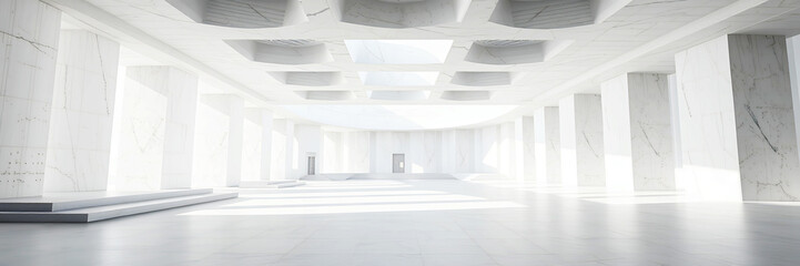 Obraz premium Interior view of a bright white hall with columns and abstract ceiling architecture design