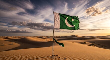 Pakistan flag waves proudly in a vast, serene desert landscape at golden sunset