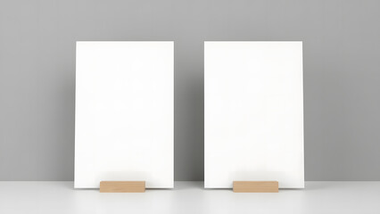 Minimalist Poster Frame Mockup with Two Vertical Blank Canvases on Wooden Stand

