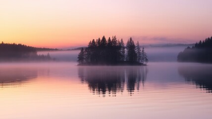 Serene lakeside dawn with mist-veiled island reflecting in calm waters