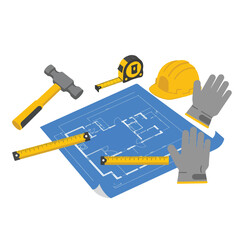 Three construction workers, one woman and two men, wearing safety gear, examine a building blueprint.