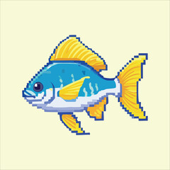 Colorful pixel art fish with blue scales and yellow fins. An 8-bit digital graphic icon of a sea animal on an isolated background.
