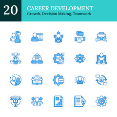 Career Development Blue Fill Outline Icon Sheet Vector Design - growth, decision making, progress, and teamwork