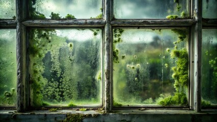 Overgrown panes of glass in a weathered window frame, showing the effects of time and nature's reclaiming touch