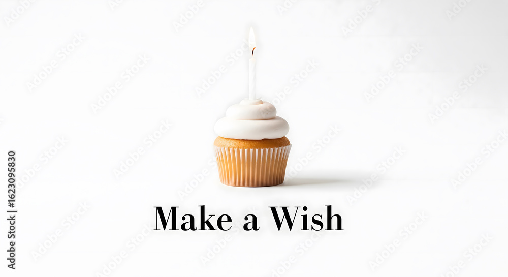 Poster a minimal photo of a single cupcake with a lit candle, centered on a white background with the text 