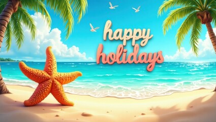 Fototapeta na wymiar Vibrant Starfish Beach Scene with Palm Trees and Ocean Waves Perfect for Holiday Greetings