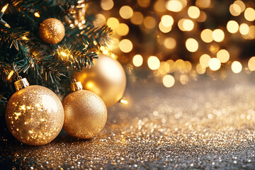 Glittery background with lights, new year tree and  golden  balls