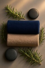 Minimalistic Still Life Of Folded Towels And Hot Stones