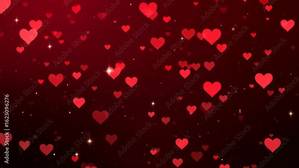 Poster animated red hearts floating upward on red gradient backdrop with sparkles for romantic and love the