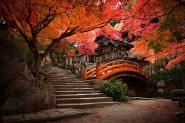 Fototapeta premium Autumnal Japanese garden with vibrant foliage, a curved bridge, and stone steps