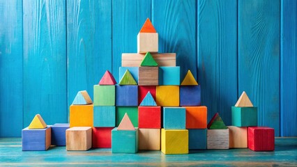 Colorful Wooden Blocks Arranged in a Pyramid Shape Against a Teal Background