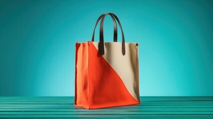 Chic two-tone tote bag with brown leather handles against teal background