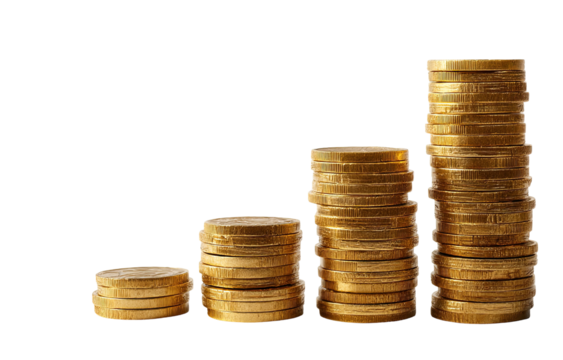 Gold coins stacked in ascending order, forming a financial growth graph