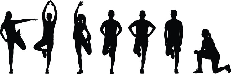 Diverse silhouette group stretching, fitness poses, workout exercise, flexibility training, healthy lifestyle, sports activity, physical wellness, gym movement, vector art