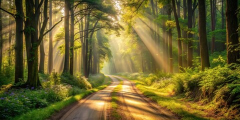 Serene Woodland Path Bathed in Golden Sunlight, a Mystical Journey Through a Verdant Forest