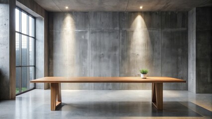 Modern Minimalist Interior Design Featuring a Long Wooden Table Against a Concrete Wall