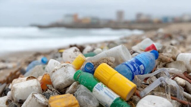 Coastal Contamination: An unflinching look at the devastating consequences of plastic waste on a pristine shoreline, with discarded bottles and debris strewn across the sand.