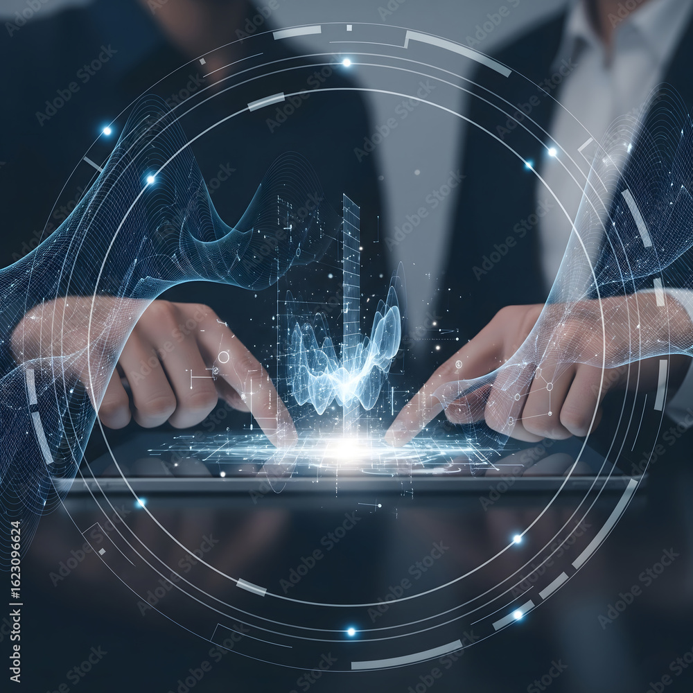 Poster a professional man and woman interact with a futuristic digital projection on a tablet, showing glow