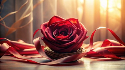 A single deep crimson rose nestled in a woven basket, adorned with elegant crimson satin ribbon, bathed in warm, golden sunlight
