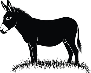 Donkey silhouette standing on grass, black and white animal illustration, isolated design for nature, farm, countryside, rustic, equine, artwork