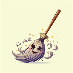 A magical cleaning concept with a cute cartoon broom character. This happy household tool mascot sweeps with joyful sparkles on a clean background.