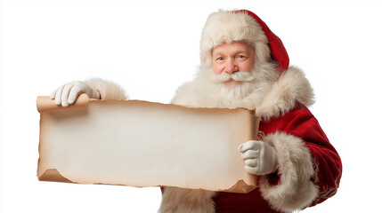 Santa Claus holding blank scroll paper on white background