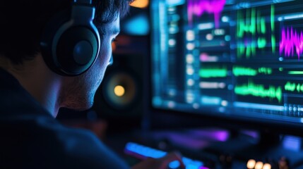 Person using headphones and computer software for audio editing.