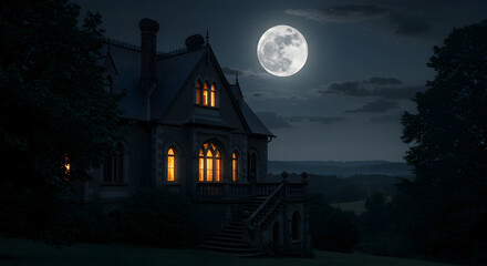 A majestic Victorian mansion glows warmly under the enchanting light of a full moon, casting long shadows across the tranquil landscape.