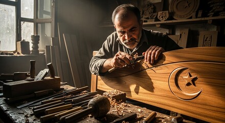 Master craftsman meticulously carving intricate design into wood with great skill