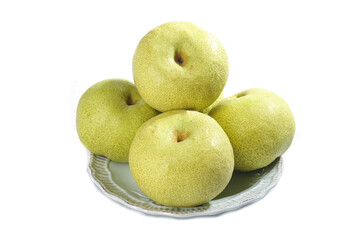 Fresh Dangshan Pears from Tongchuan, known for their crisp texture and unique flavor, arranged...