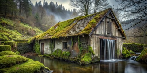 Enchanted Moss-Covered Mill House Beside a Cascading Waterfall in a Misty Woodland