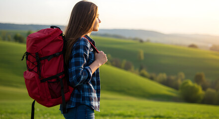 Young woman hiker enjoys scenic sunset view from mountaintop, feeling peaceful and adventurous on her solo backpacking trip.