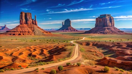 A scenic desert vista featuring a winding dirt road traversing a landscape of dramatic red rock formations under a vibrant blue sky