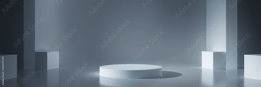 Poster minimalist stage setup with a white circular platform and geometric shapes in soft lighting