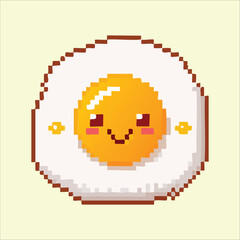 Charming 8-bit pixel art of a smiling fried egg. A cute and happy food mascot character with a retro video game aesthetic.