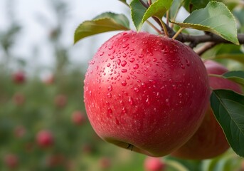 Fresh red apple with water droplets on a branch in an orchard