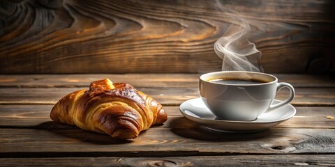 Aromatic Coffee and Buttery Croissant on Rustic Wooden Table
