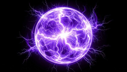 Fototapeta premium Purple plasma fireball hovering in black space, glowing with lightning-like energy spikes and subtle rotation