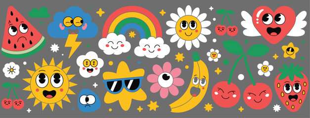 Cute cartoon elements collection, kawaii weather, fruits, rainbow, stars, sun, heart, vector background, kids design, fun clipart set