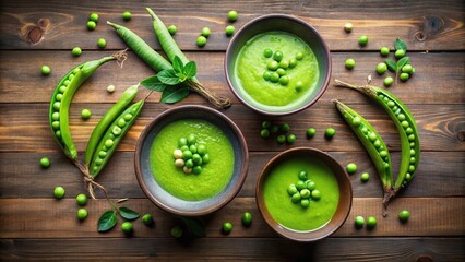 Three bowls of vibrant green pea soup, garnished with fresh peas, surrounded by pea pods and loose peas on a rustic wooden surface