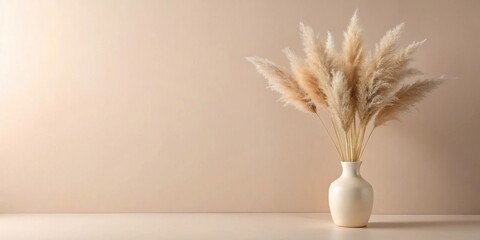 A beige vase filled with fluffy pampas grass sits on a neutral surface against a minimalist backdrop