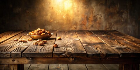 Rustic wooden table setting with a golden bowl of crunchy, sweet treats scattered on the surface against a warm, textured backdrop