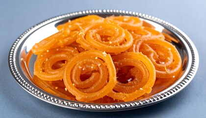 Close-up of spiral Jalebi on silver serving tray