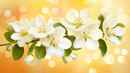 Obraz premium Close-up of delicate white apple blossoms on a branch against a blurred, warm-toned background.