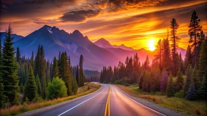 Asphalt ribbon unwinding through a vibrant sunset panorama, showcasing majestic mountains and a dense evergreen forest, a picturesque journey at golden hour