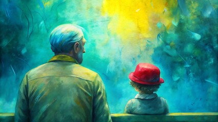 Grandfather and Child with Red Hats Enjoying a Vibrant Park View

