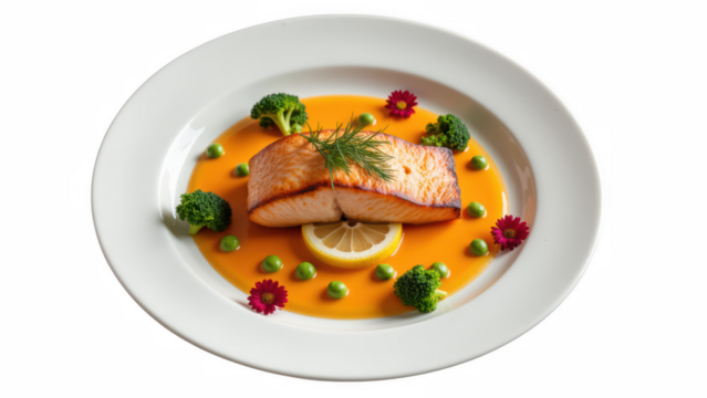 Delicious salmon fillet garnished with lemon, broccoli, and vibrant green peas on colorful sauce. perfect dish for gourmet dining