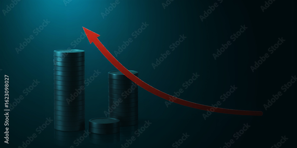 Poster stacks of coins with a red arrow pointing upwards on a dark blue gradient background