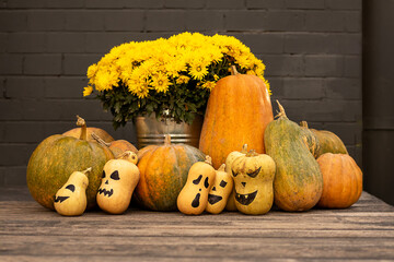 Seasonal pumpkins and chrysanthemums arranged on a rustic wooden table