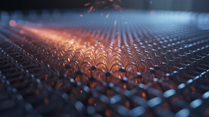 Industrial Sparks: An intricate metal mesh is the focus of a stunning scene as sparks fly in a captivating display of precision and power. This photograph captures the raw beauty of industry at work.
